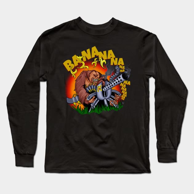 Funny Orangutan Machine Gun Bananas Long Sleeve T-Shirt by Space Truck